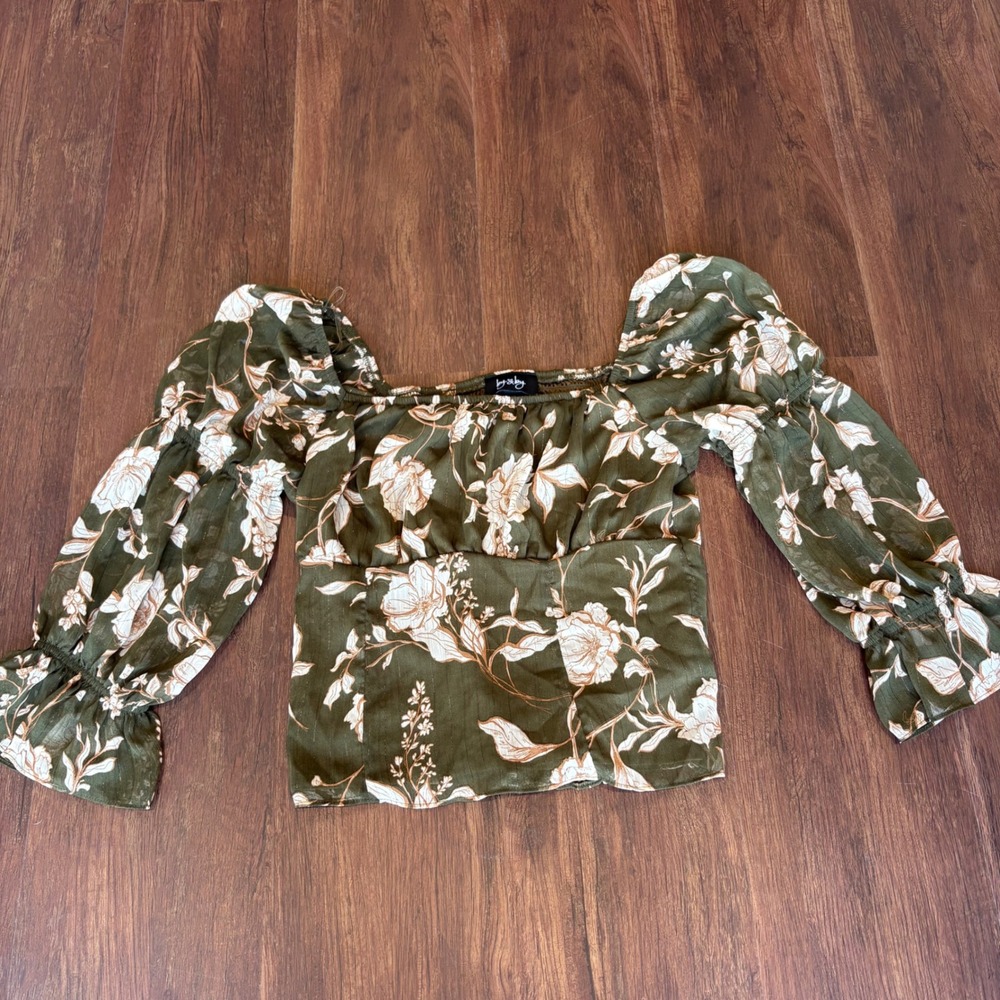Autumn Cottagecore Olive Green Floral Square Neck Puff Sleeve Blouse Boho Small